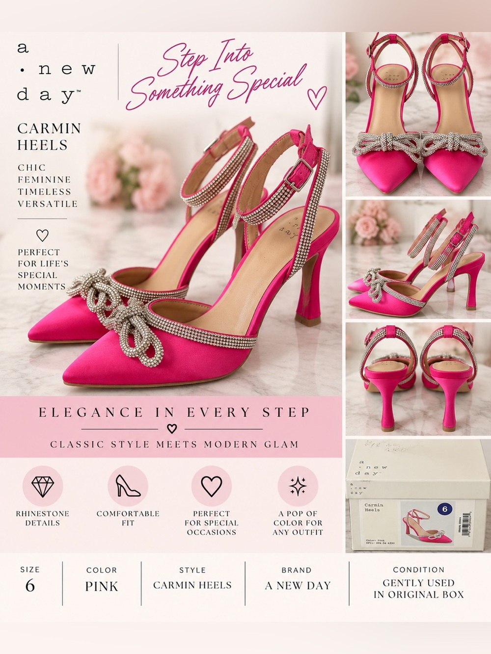 A New Day Carmin Pink Rhinestone Bow Heels Size 6 NIB